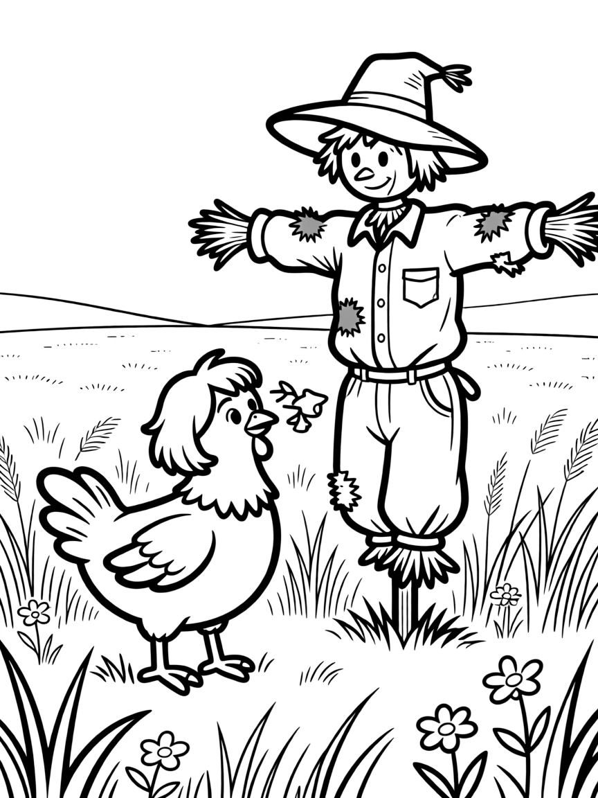 A chicken investigating a scarecrow in a field