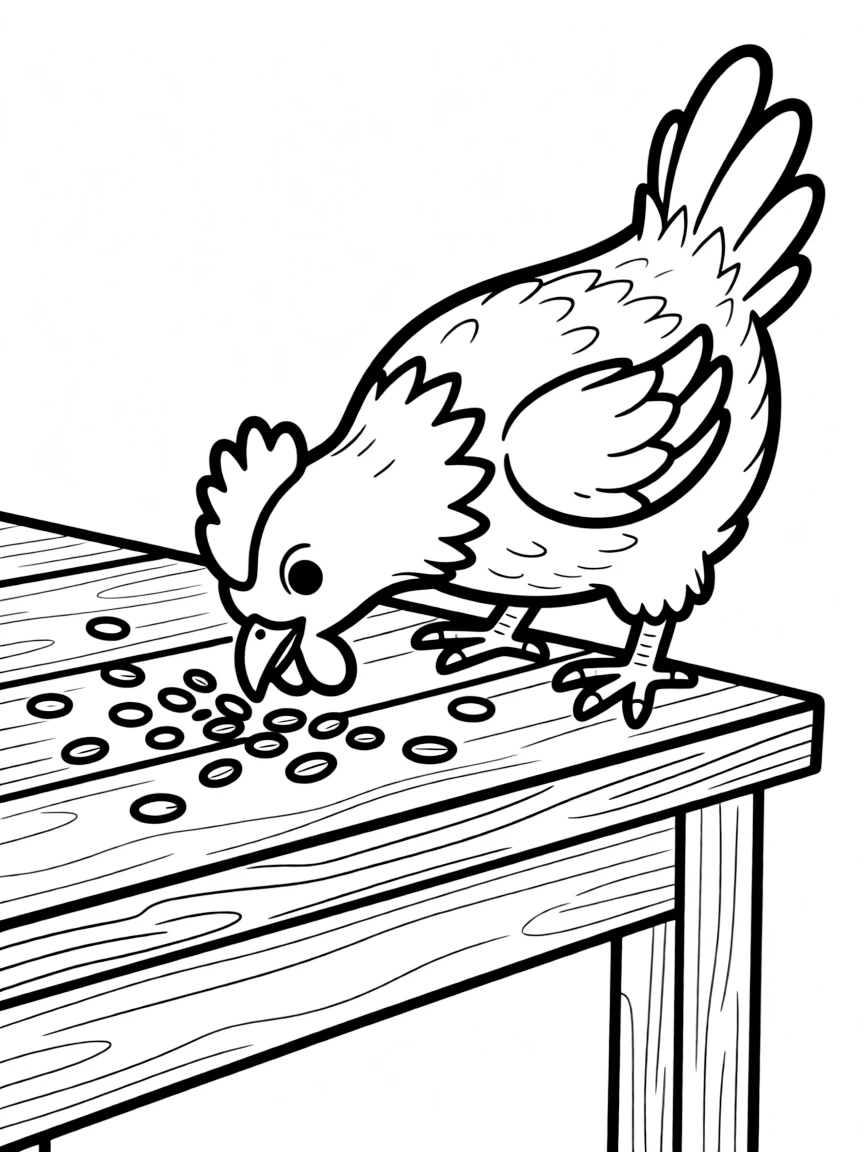 A chicken pecking at grain scattered across a wooden table