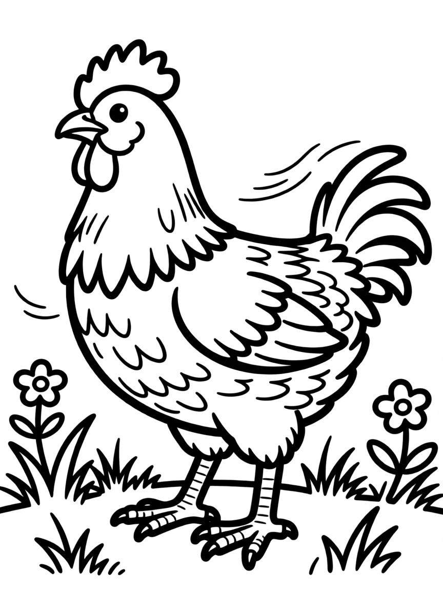 A chicken with its feathers being ruffled by a breeze
