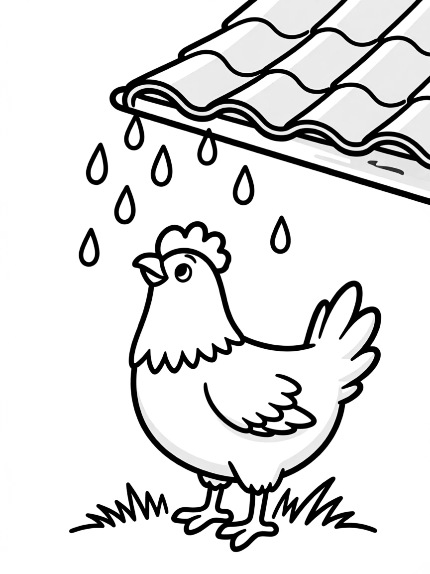 A chicken watching raindrops fall from the edge of a roof