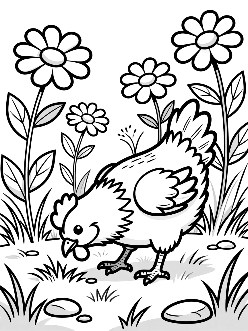 A chicken foraging among wildflowers in a meadow