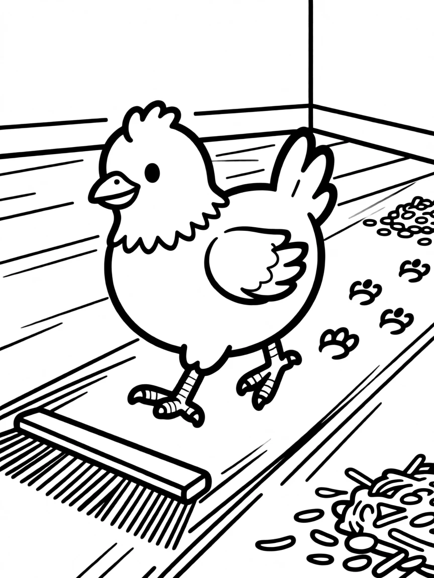 A chicken leaving tracks across a freshly swept floor