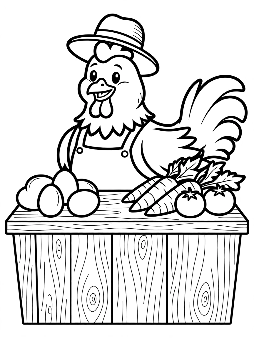 A chicken behind a farm stand with fresh eggs and produce