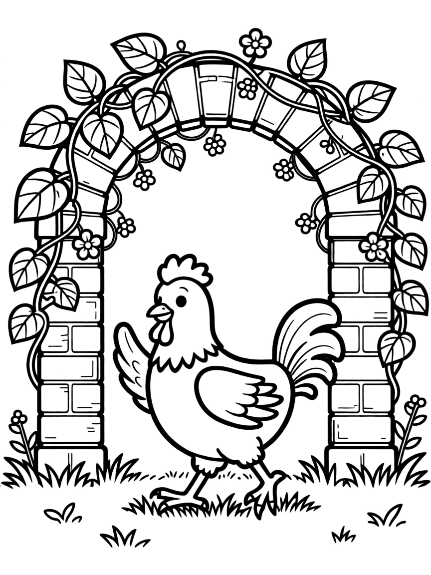 A chicken walking through an archway covered in climbing vines