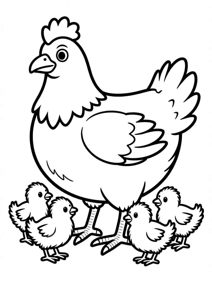 A hen with newly hatched chicks peeping around her feet