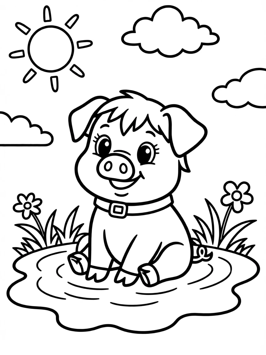 A contented pig wallowing in a mud puddle on a hot day