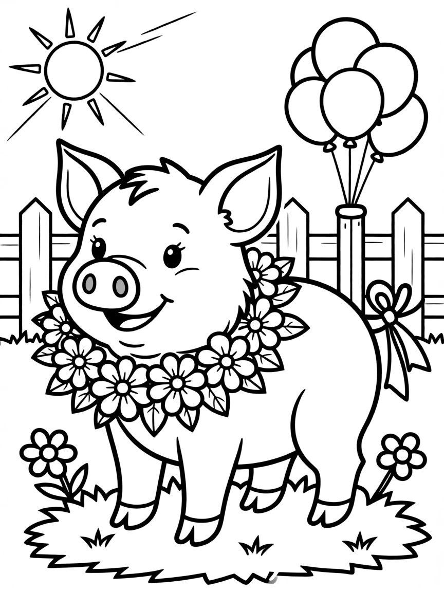A pig wearing a garland of flowers around its neck at a farm festival
