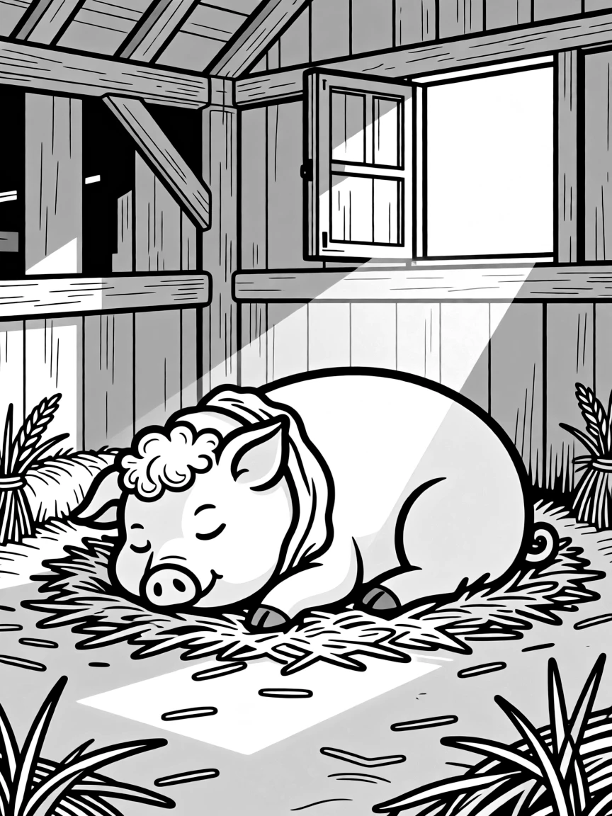 A pig napping peacefully in a patch of sunlight coming through the barn