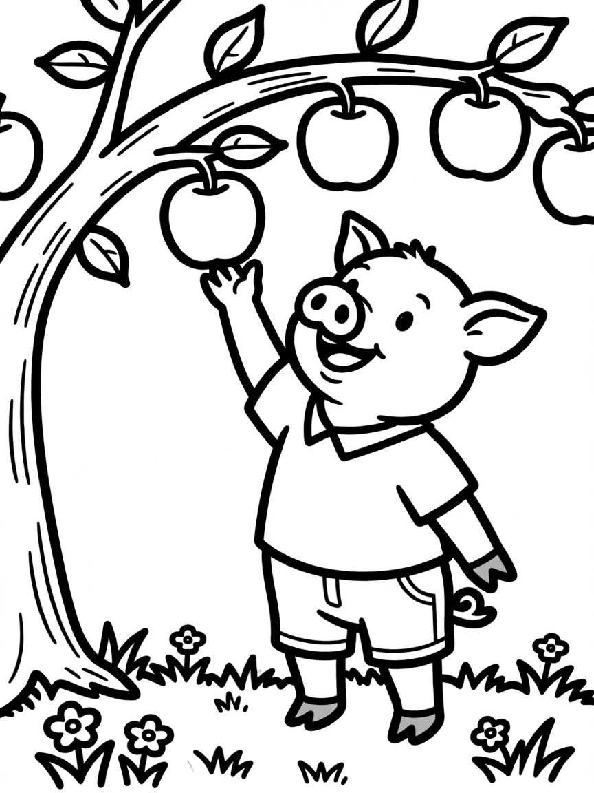 A pig standing on its hind legs reaching for apples on a low branch