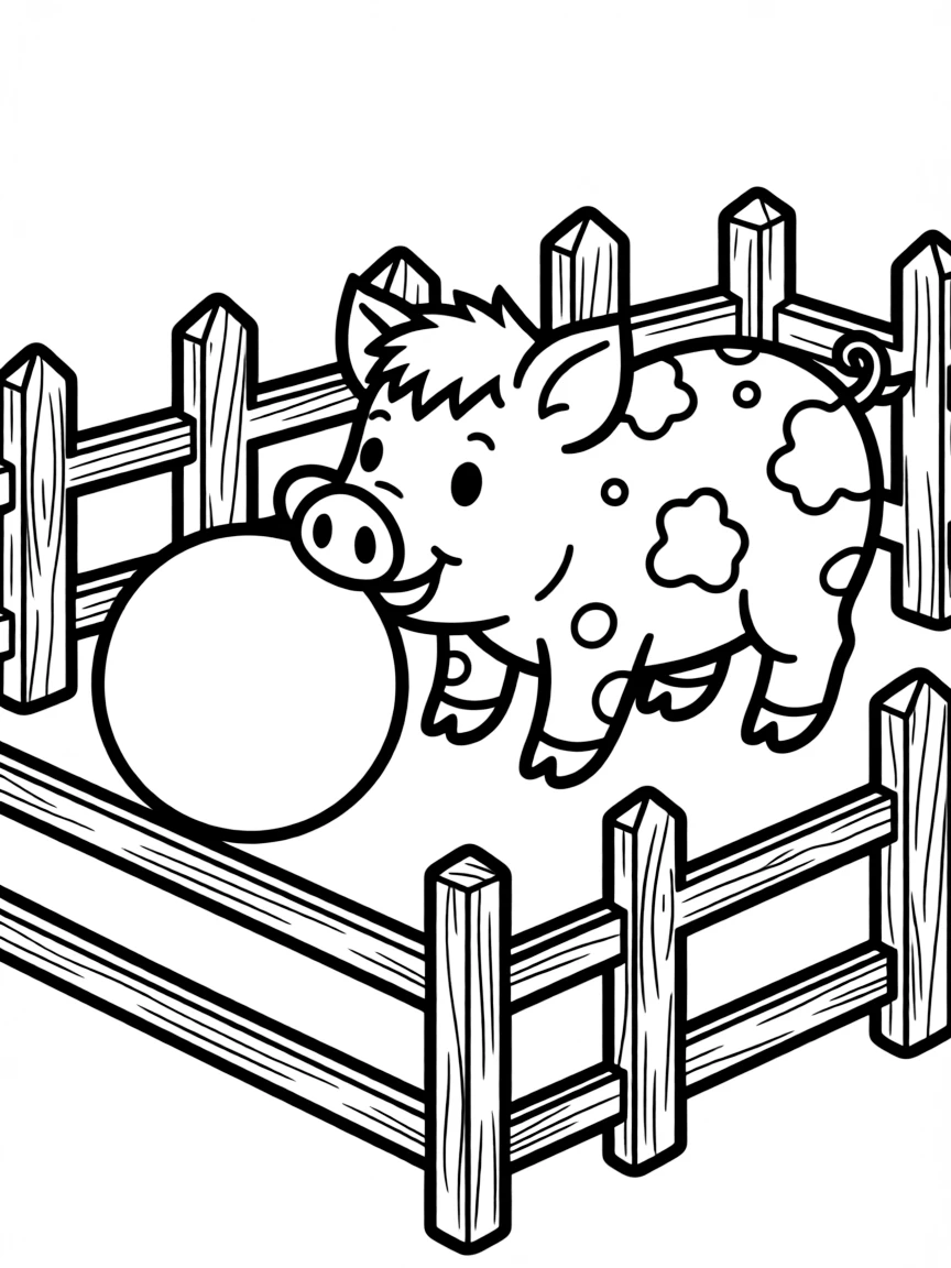 A spotted pig playing with a large ball in a farm pen