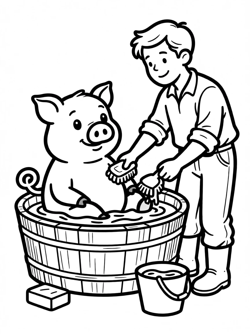 A pig sitting in a large wooden tub being given a bath by a farmer