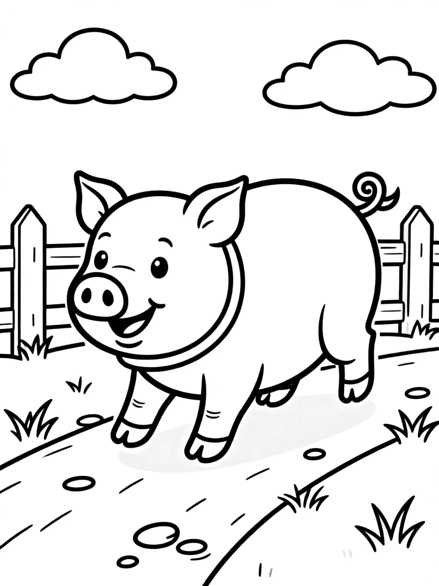 A potbellied pig trotting along a country lane