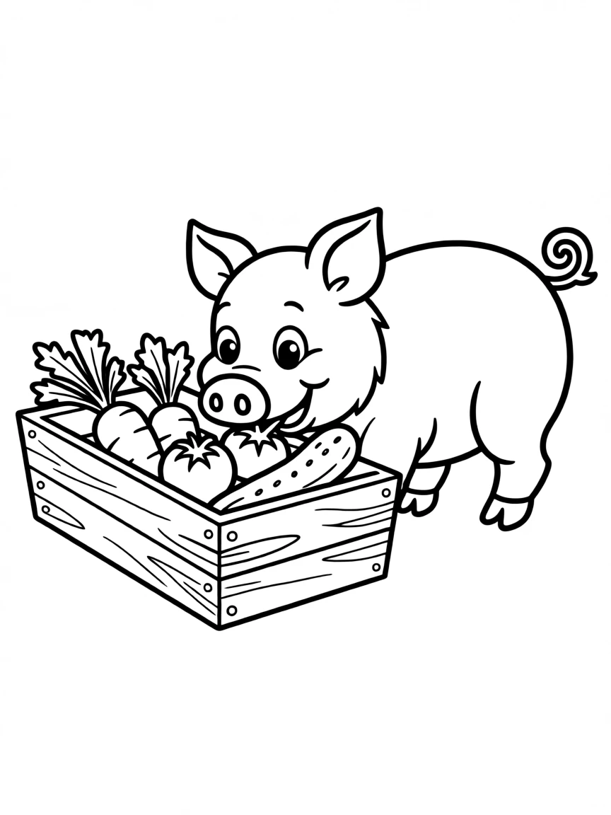 A pig eagerly eating from a trough filled with vegetables