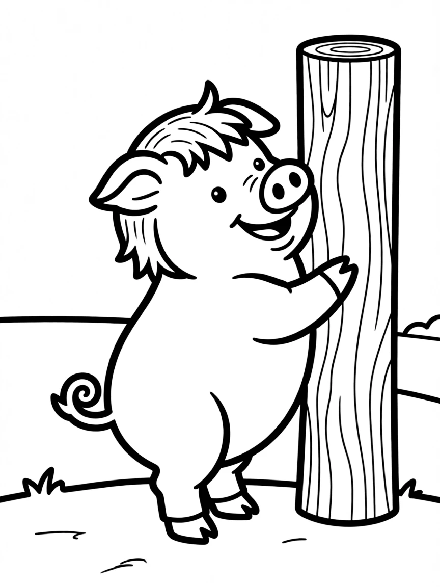 A pig scratching its back against a wooden post