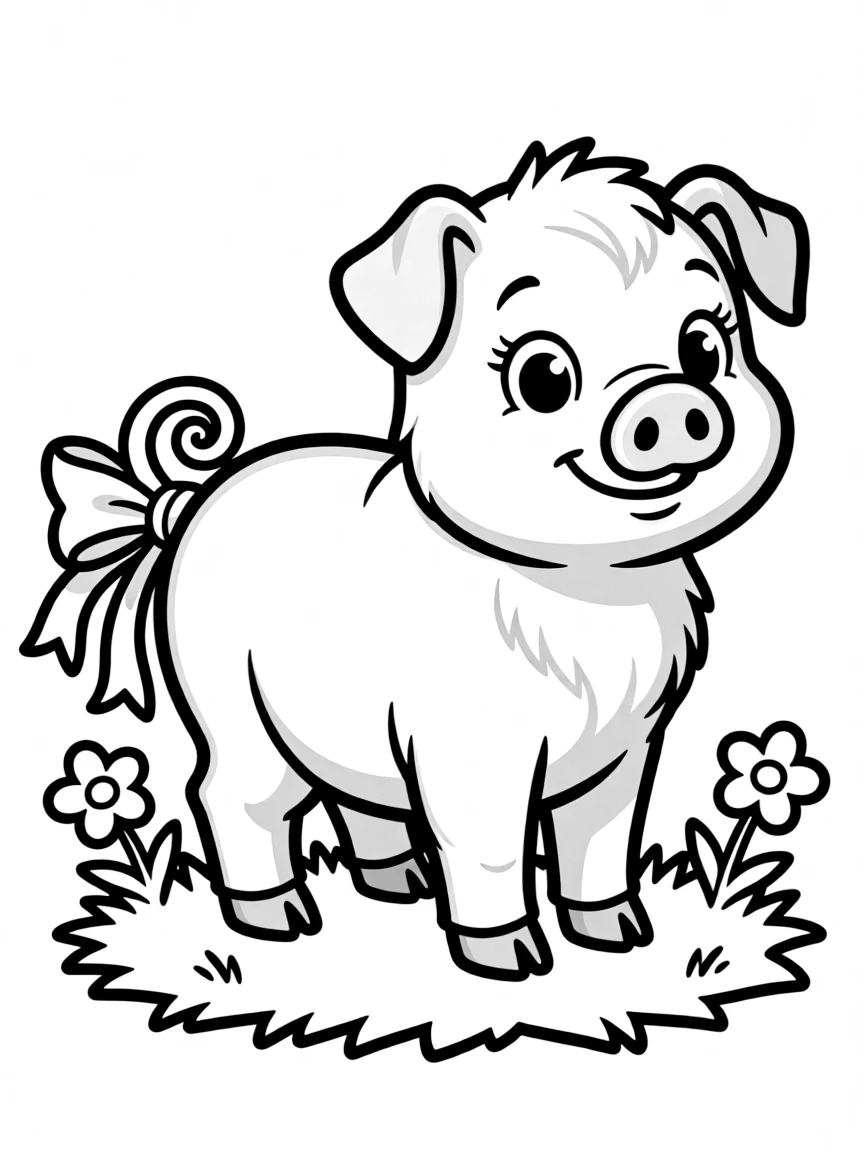 A pig with a bow tied around its curly tail