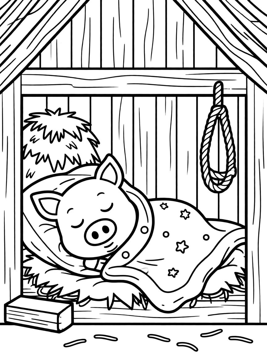 A pig sleeping under a blanket in a cozy barn stall