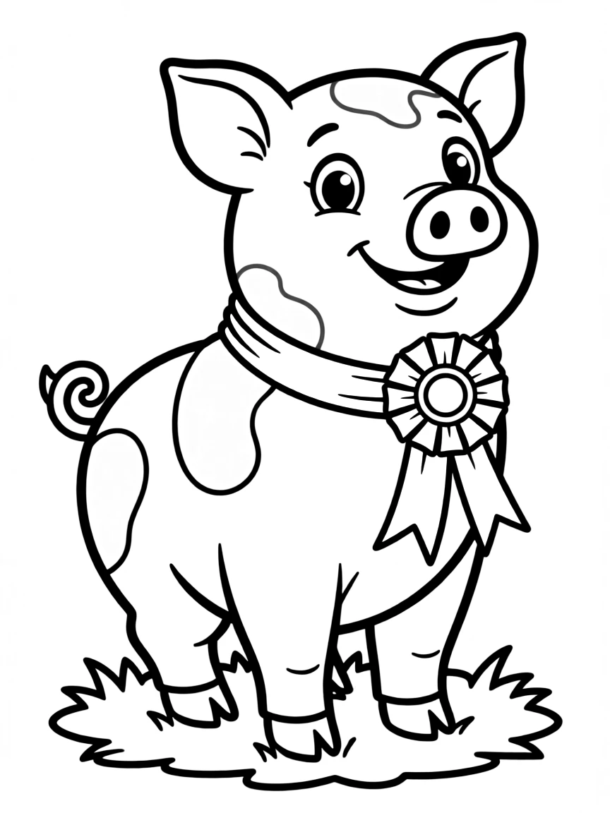 A pig standing proudly with a blue ribbon from the county fair