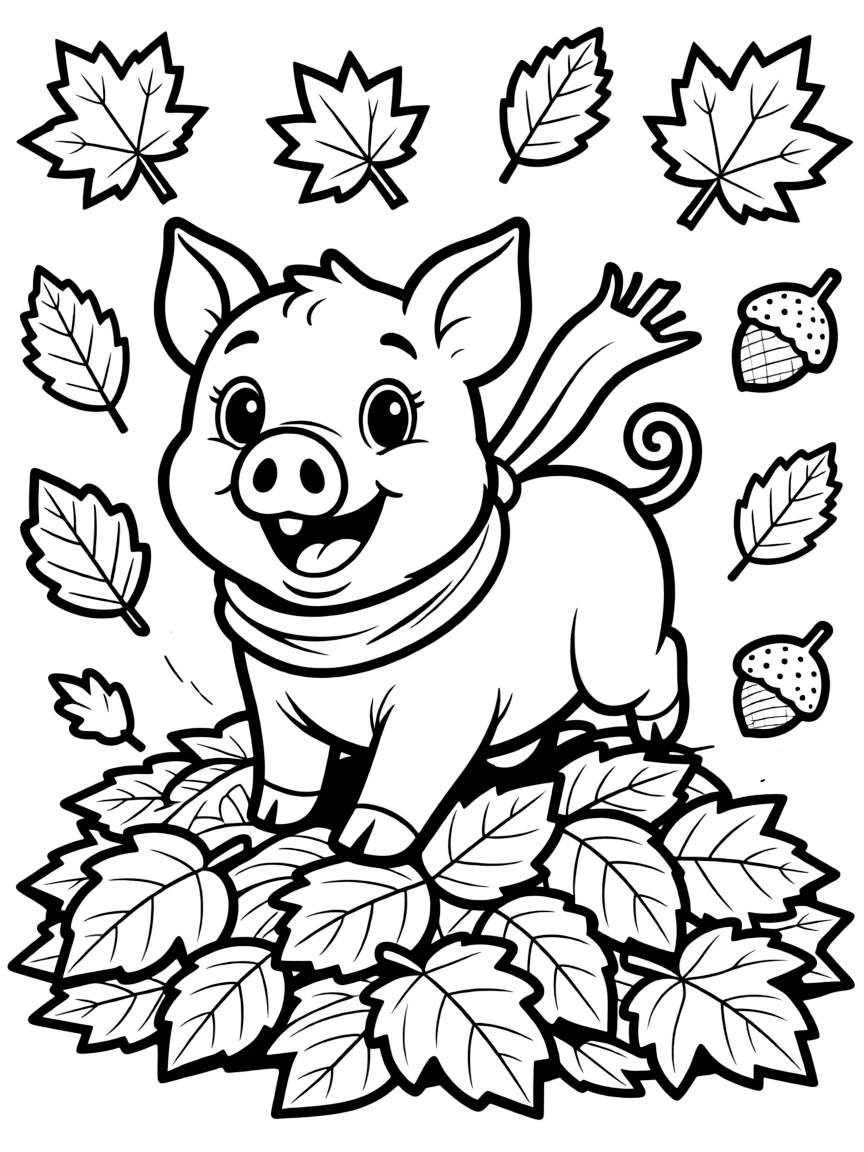 A pig rolling playfully in a pile of autumn leaves