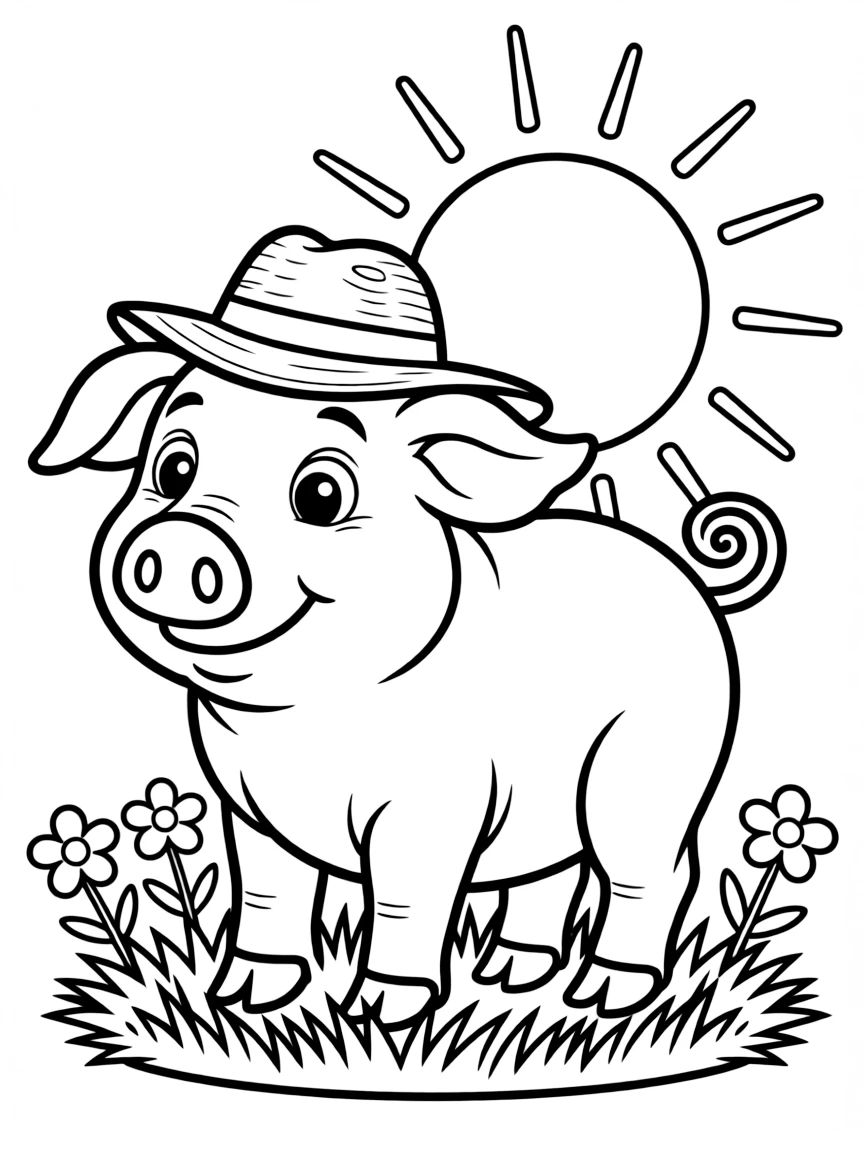 A pig wearing a small straw hat against the summer sun