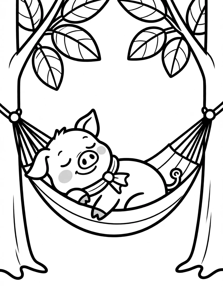 A pig sleeping in a hammock stretched between two trees