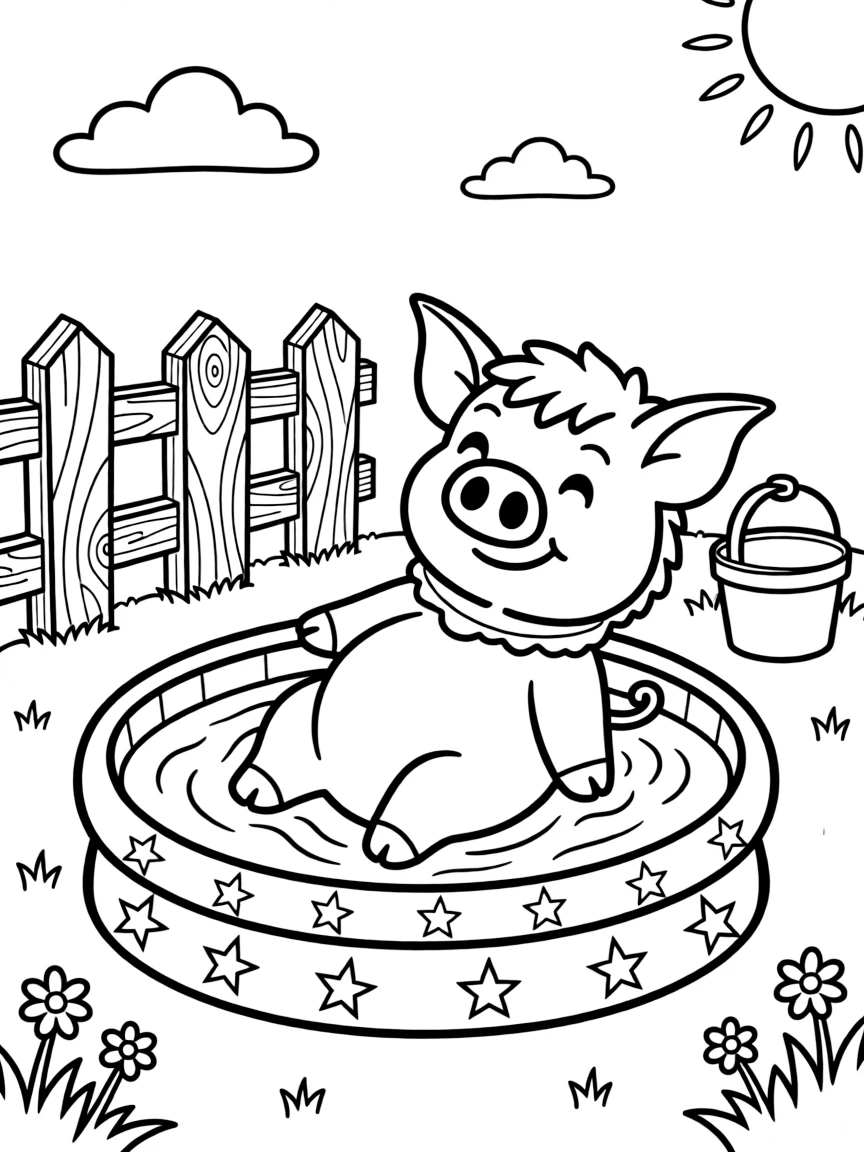 A pig cooling off in a shallow kid's pool on the farm