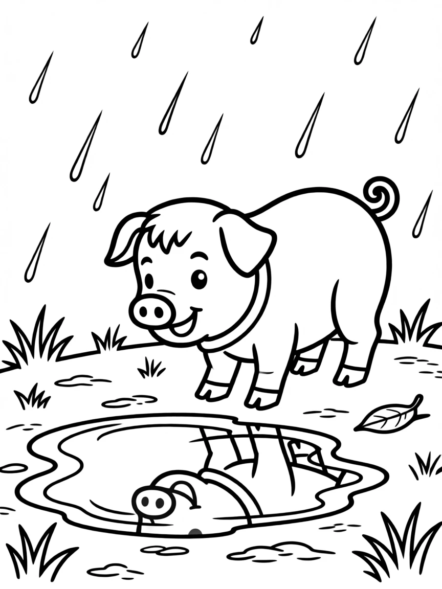 A pig looking at its reflection in a puddle after rain