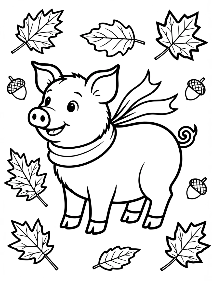 A pig surrounded by fallen autumn leaves and acorns