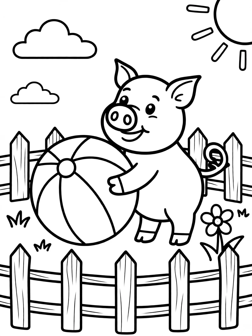 A pig playing with a beach ball in a pen on a summer day