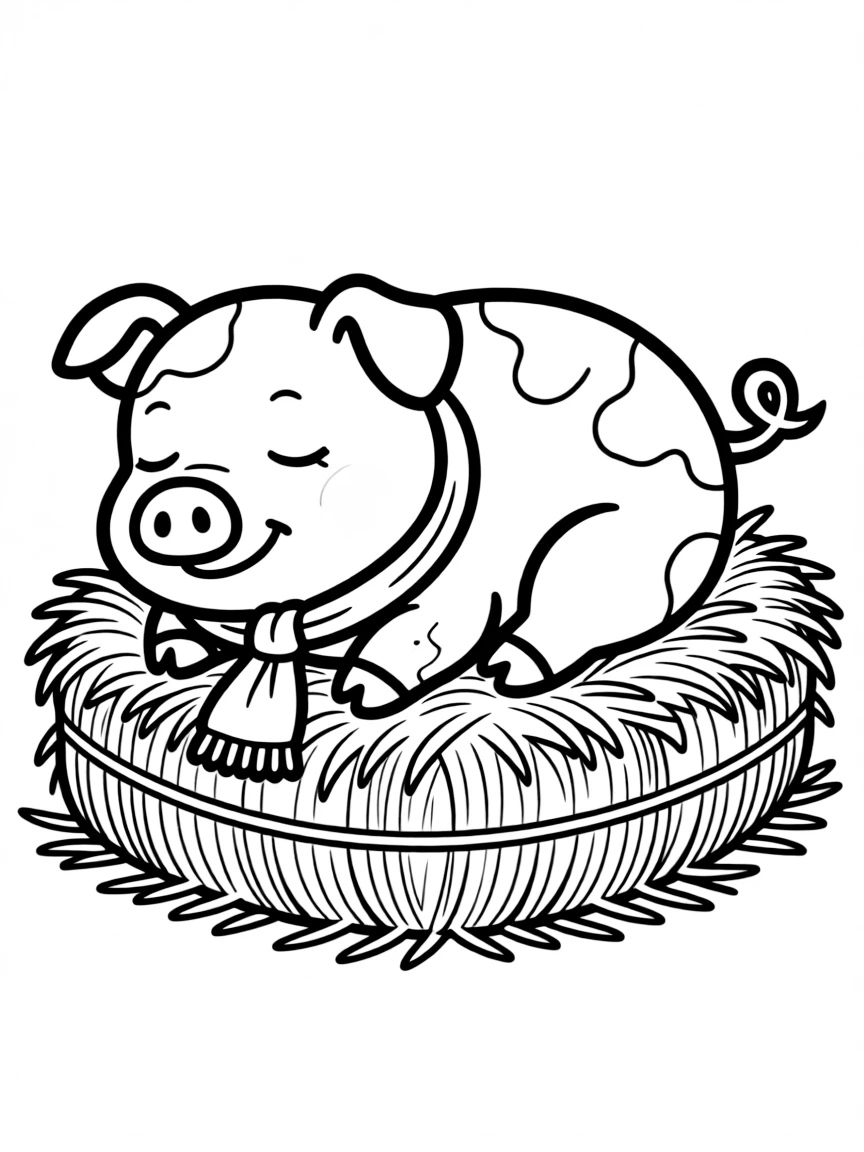 A pig asleep on a bed of fresh straw with a content expression