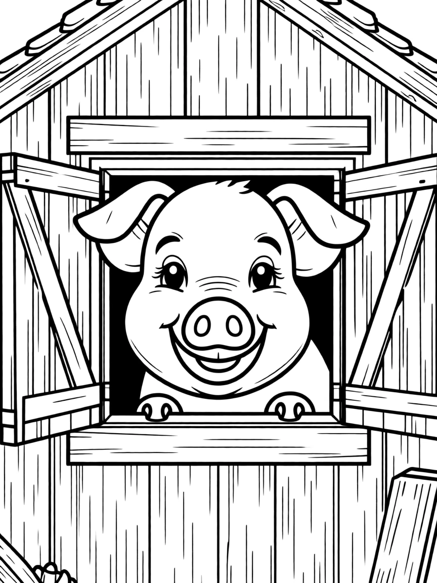 A pig with its head sticking out of a barn window