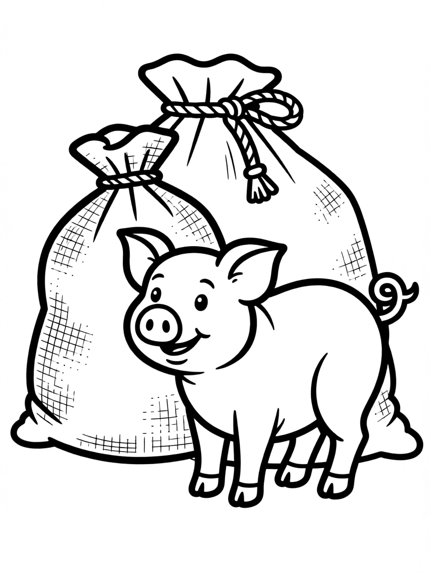A pig standing next to an old-fashioned feed sack