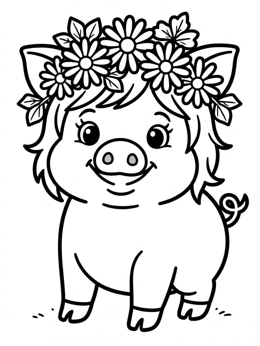 A pig wearing a flower crown made of daisies and clover