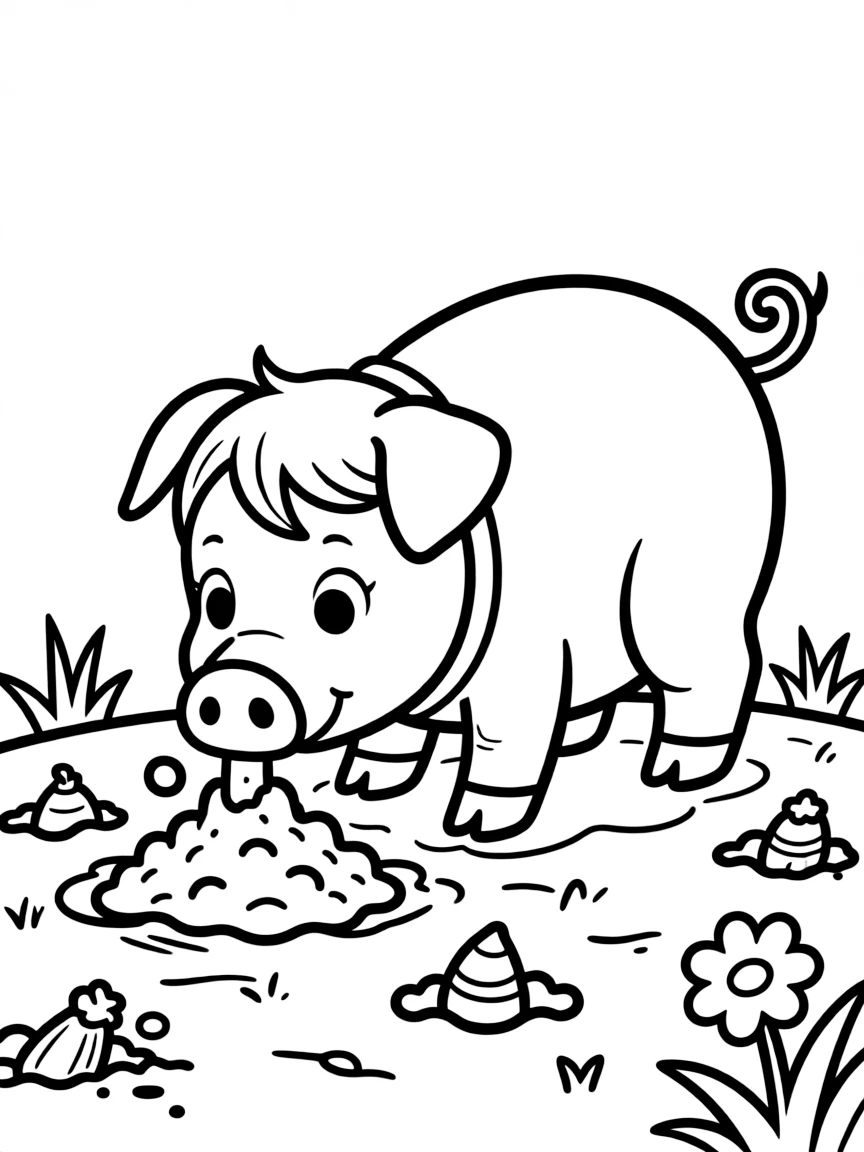 A pig using its snout to dig up treats hidden in the soil