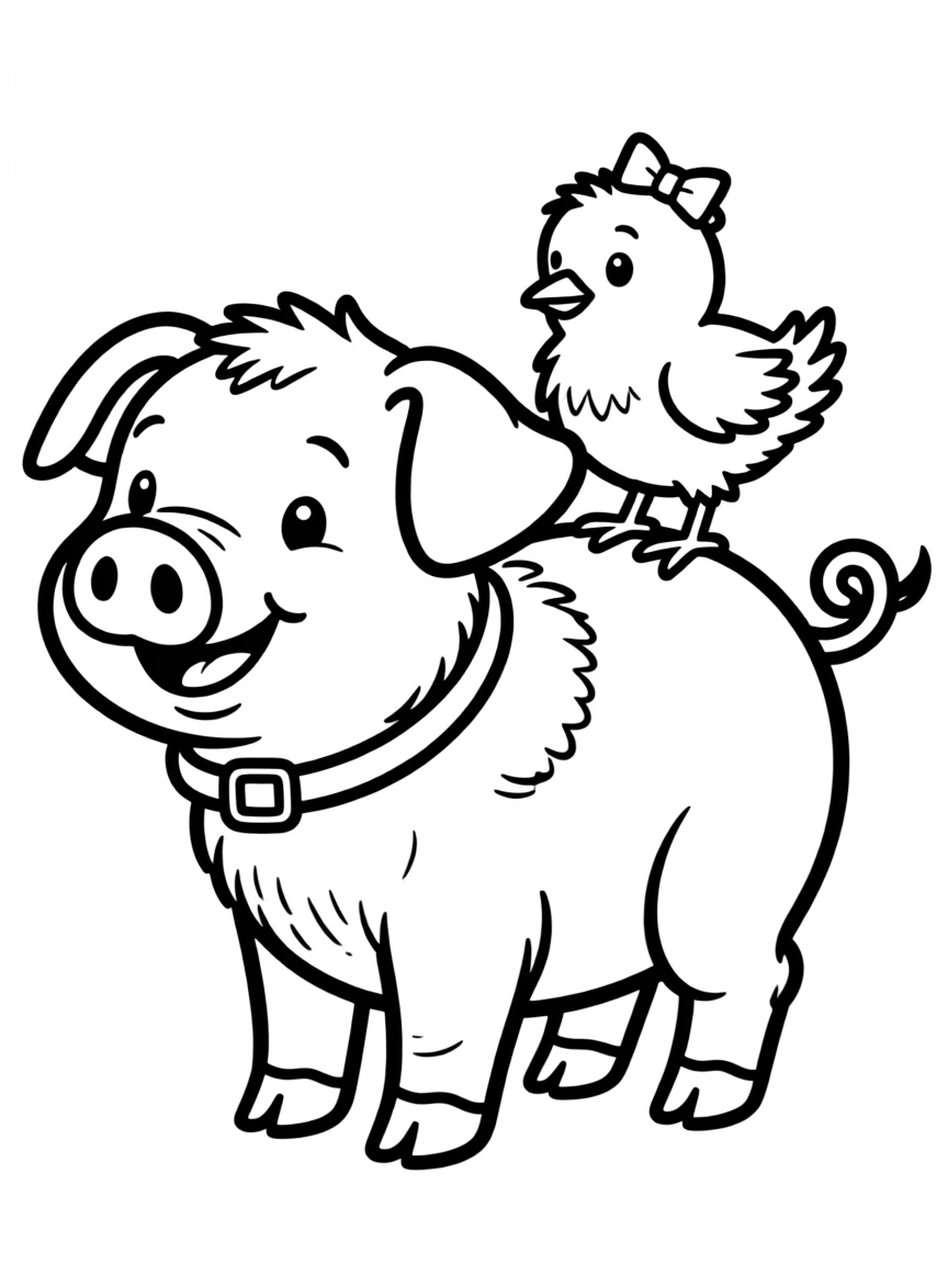 A pig with a baby chick perched on its back