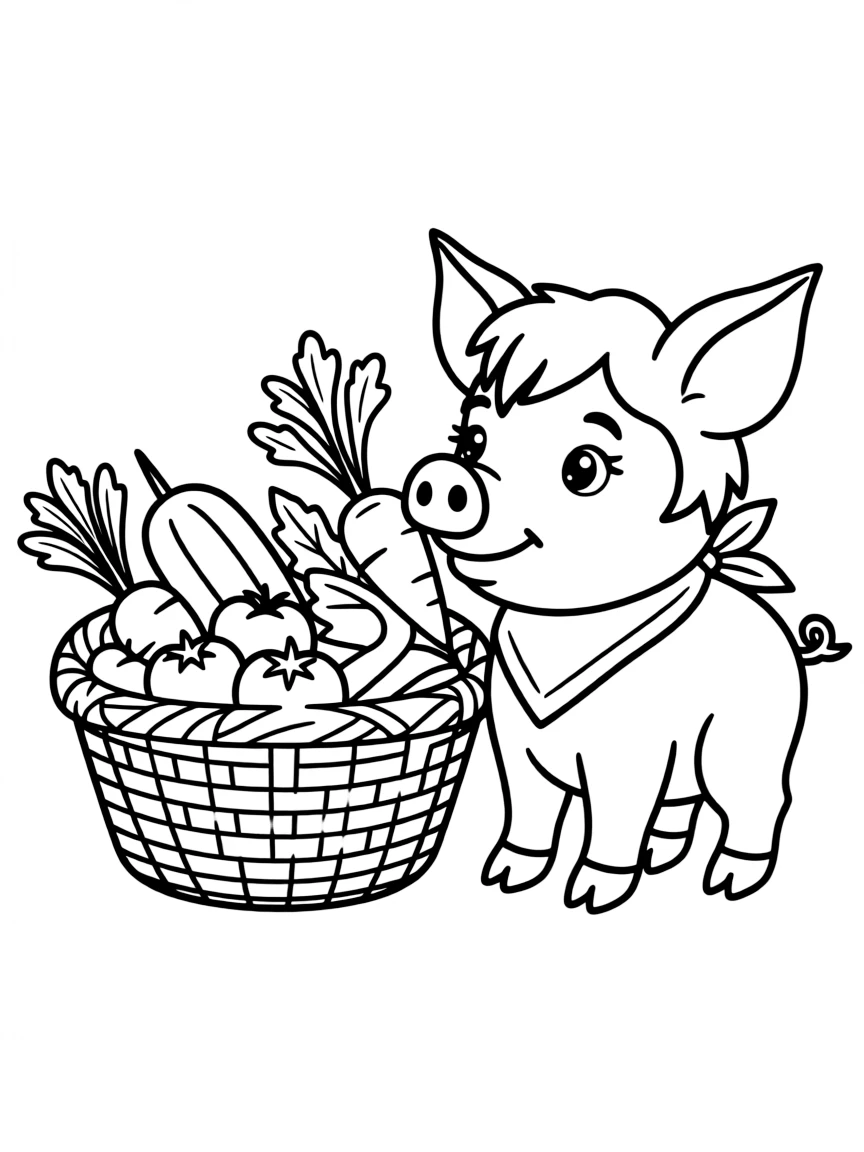 A pig investigating a basket of freshly harvested vegetables