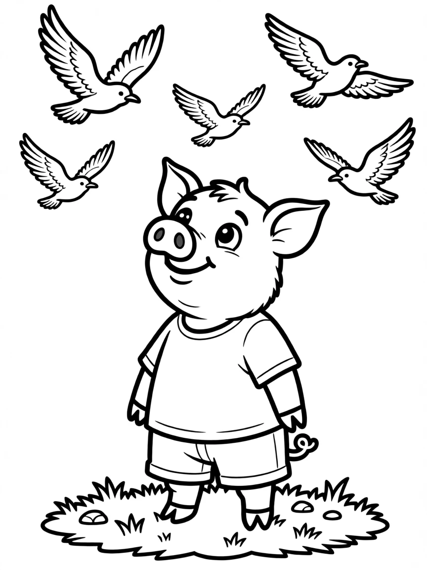 A pig looking up at birds flying overhead