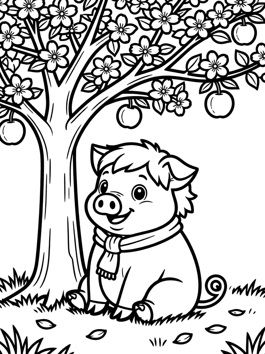 A pig sitting under a blooming apple tree in spring