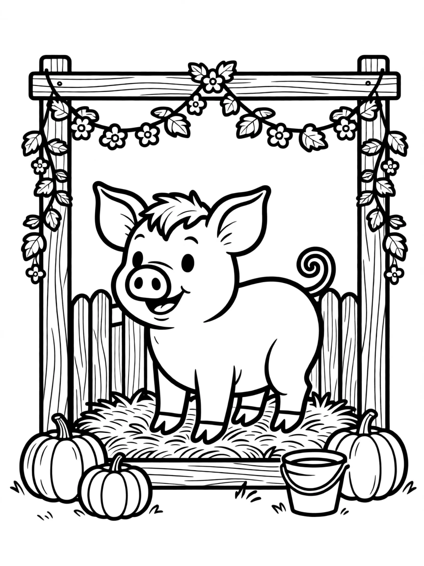A pig in a pen decorated with garlands for a festival