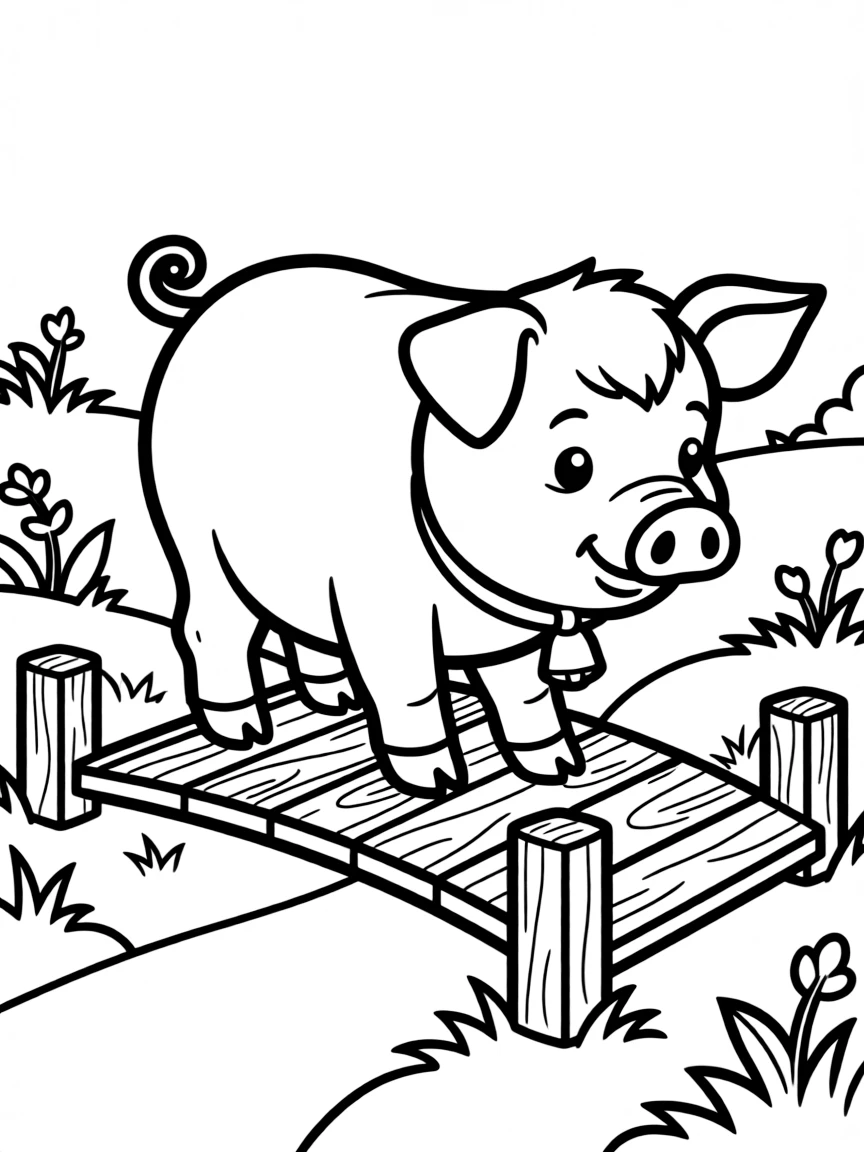 A pig walking carefully across a small wooden bridge