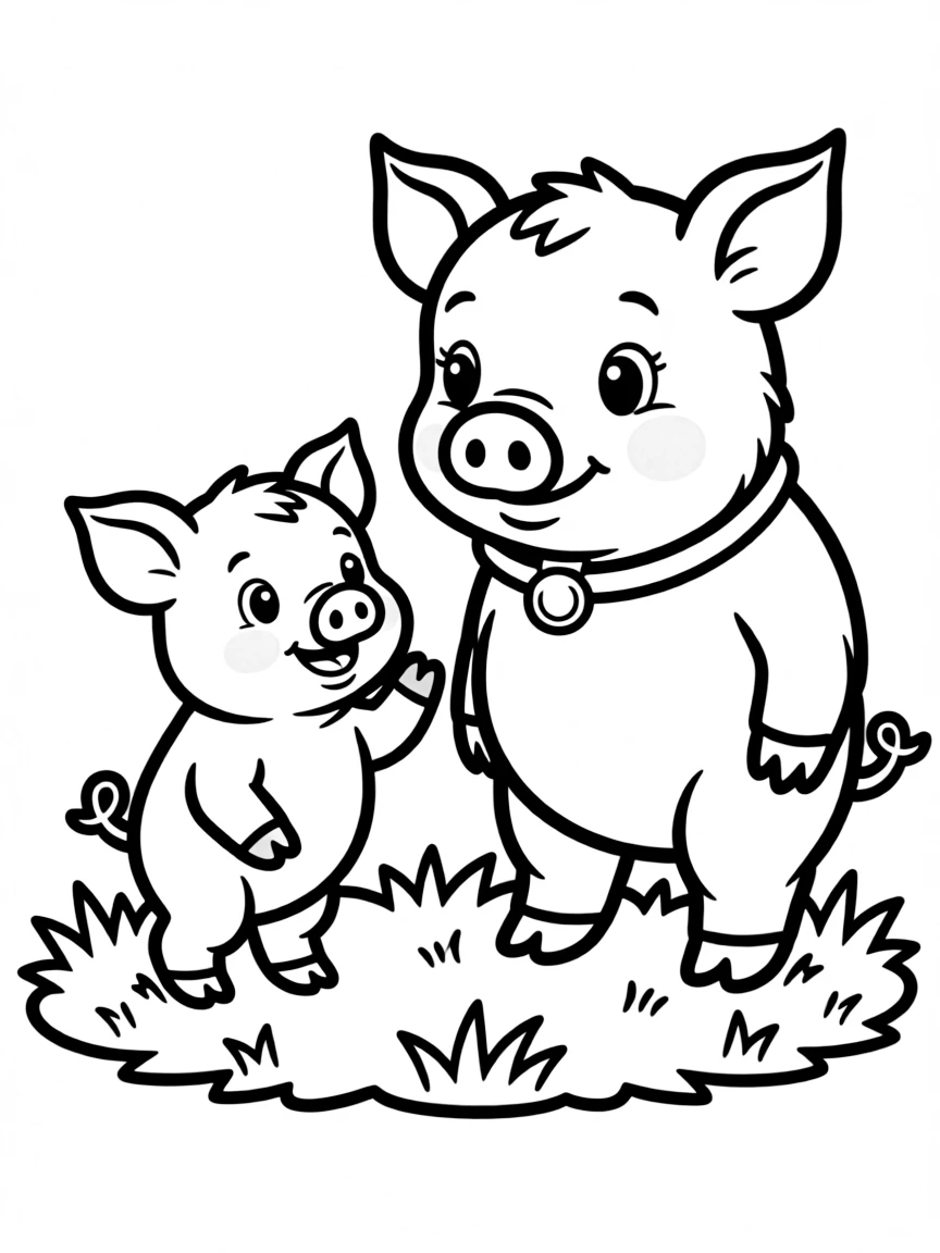 A piglet taking its first wobbly steps with mother watching