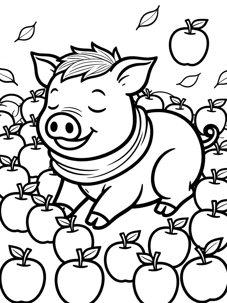 A pig resting in a pile of fallen autumn apples