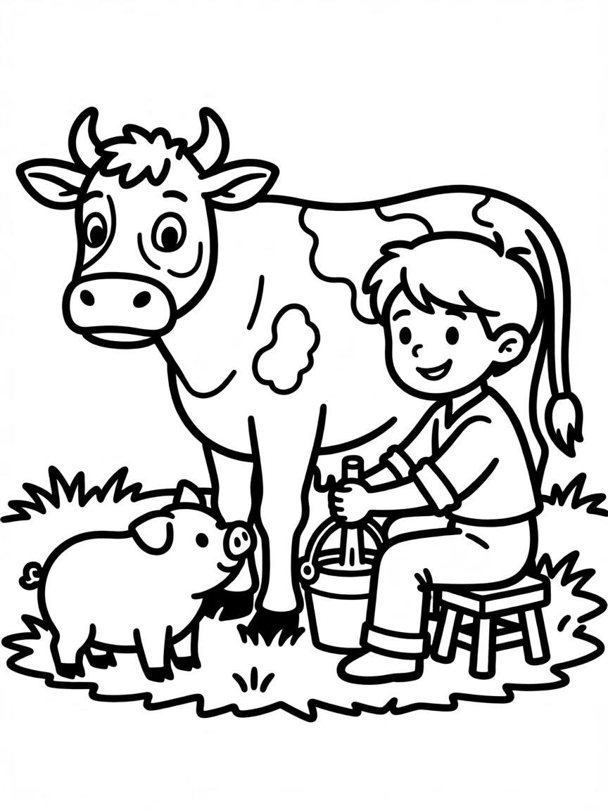 A pig watching the farmer milk a cow with interest