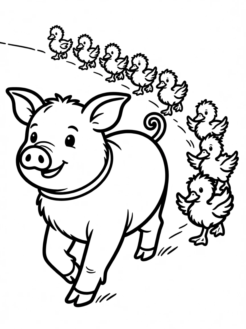 A pig with a trail of baby ducklings following behind it