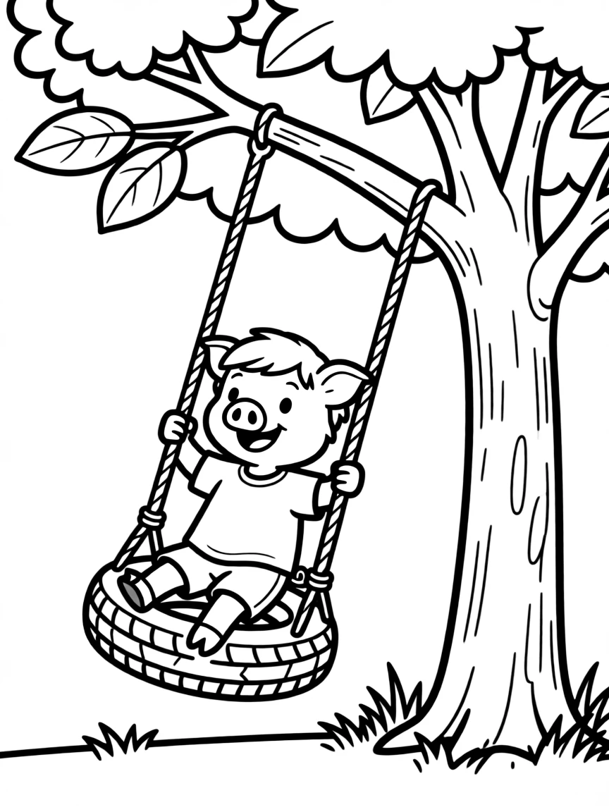 A pig playing with a tire swing hanging from a tree