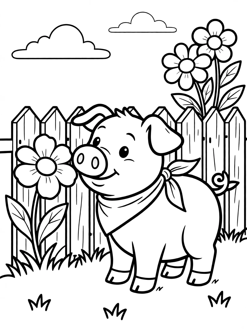 A pig smelling flowers through a garden fence