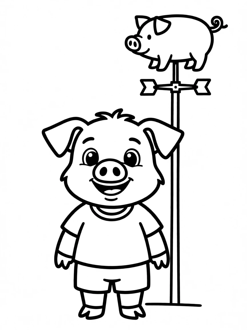 A pig with a weathervane shaped like a pig in the background