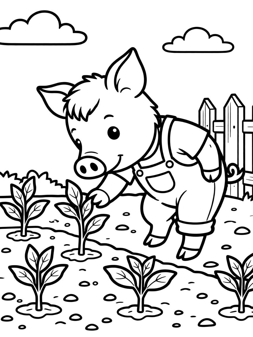 A pig examining vegetable seedlings in the garden
