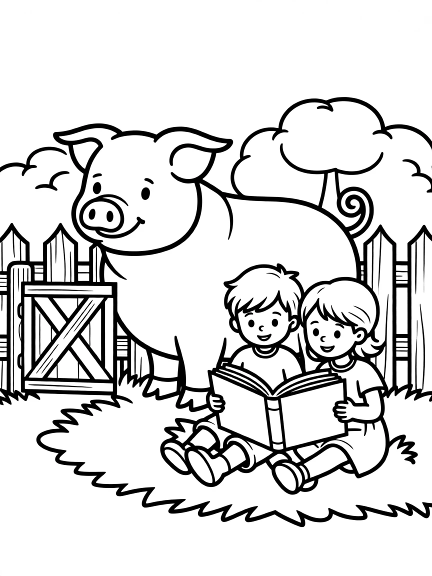 A pig with children reading a book beside its pen