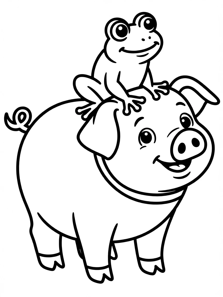 A pig with a small frog sitting on top of its head