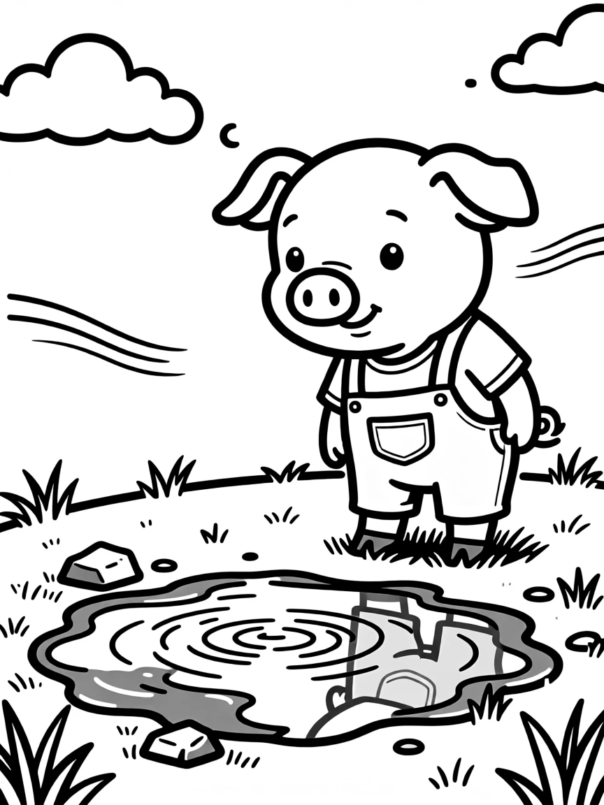 A pig contemplating a large mud puddle after rain